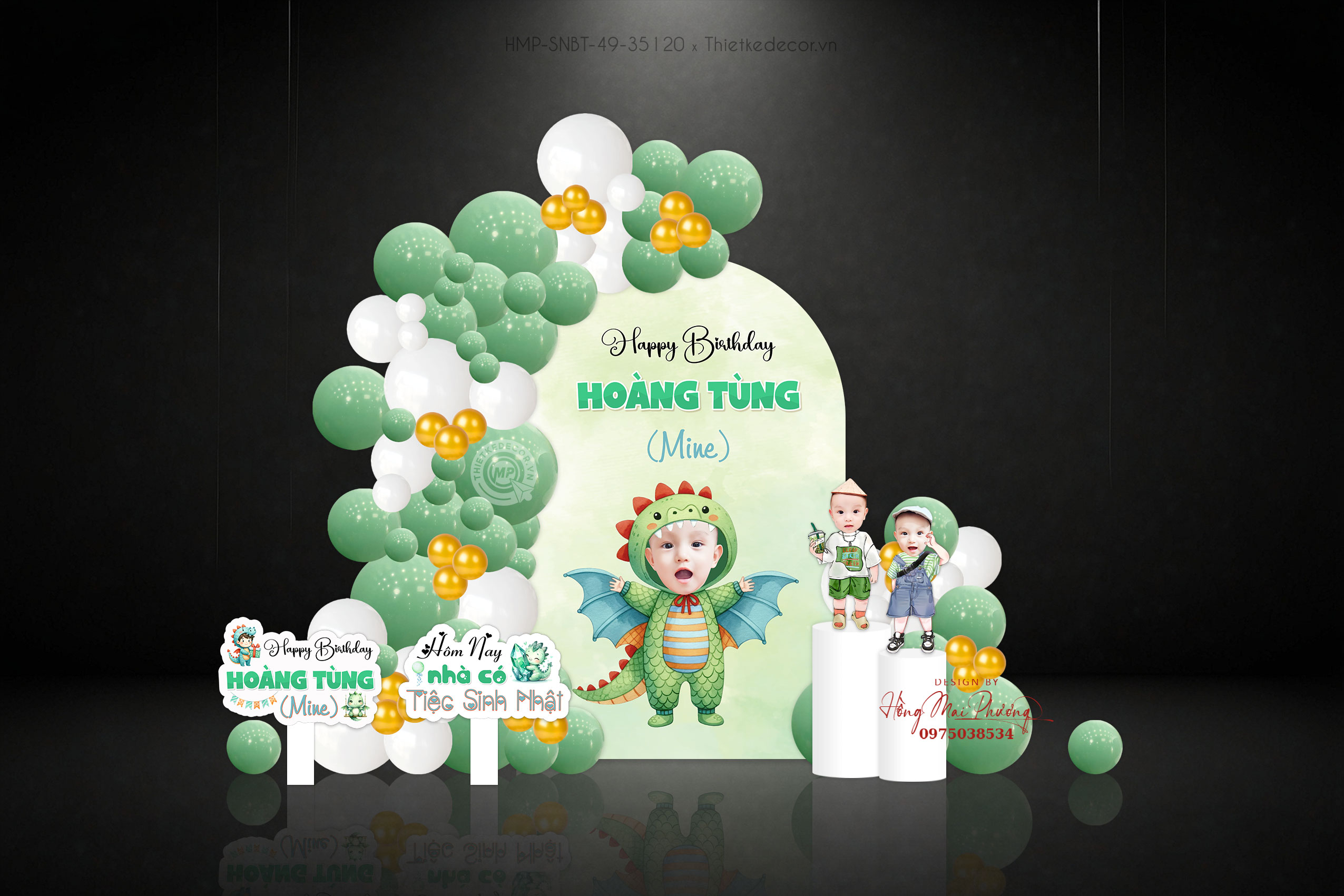 Sinh nhật bé trai tuổi rồng tone xanh lá, chibi và tag